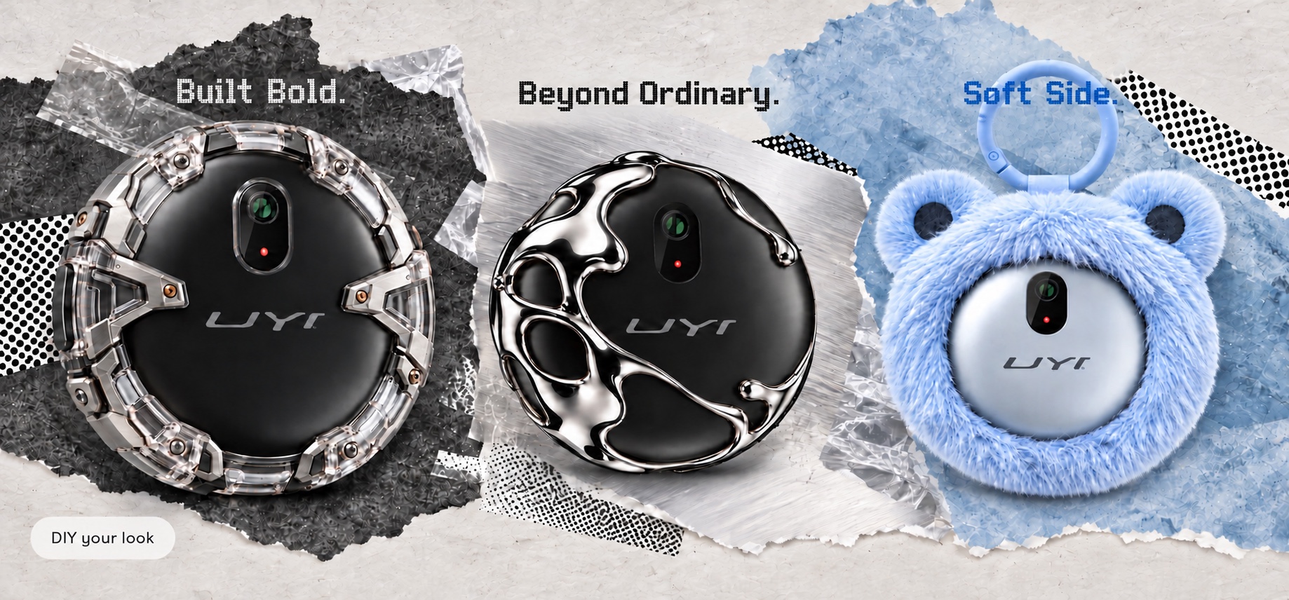 DIY your look: Built Bold mechanical armor, Beyond Ordinary liquid chrome, and Soft Side blue furry UYI shells