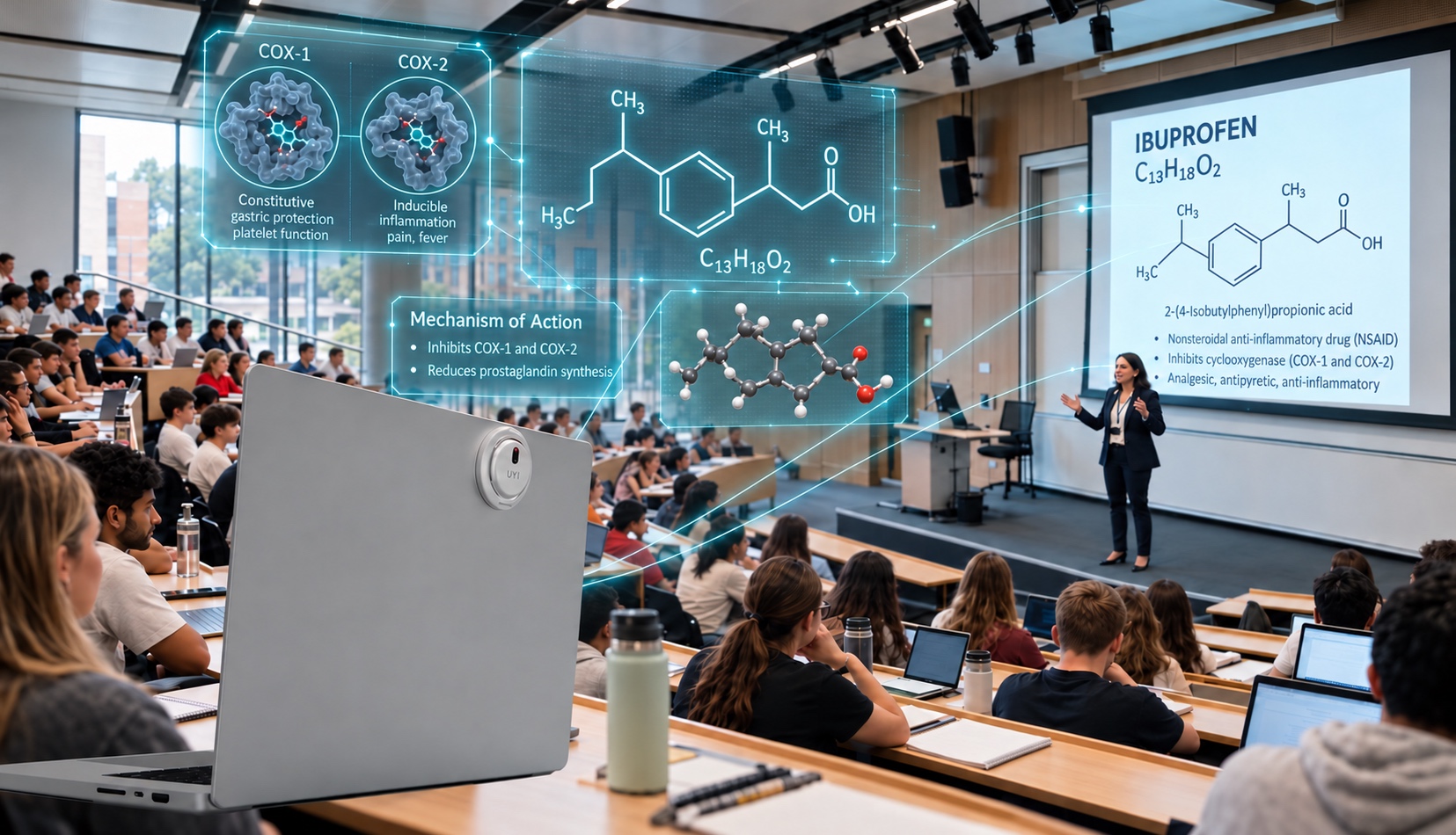 UYI on a laptop captures an ibuprofen chemistry lecture