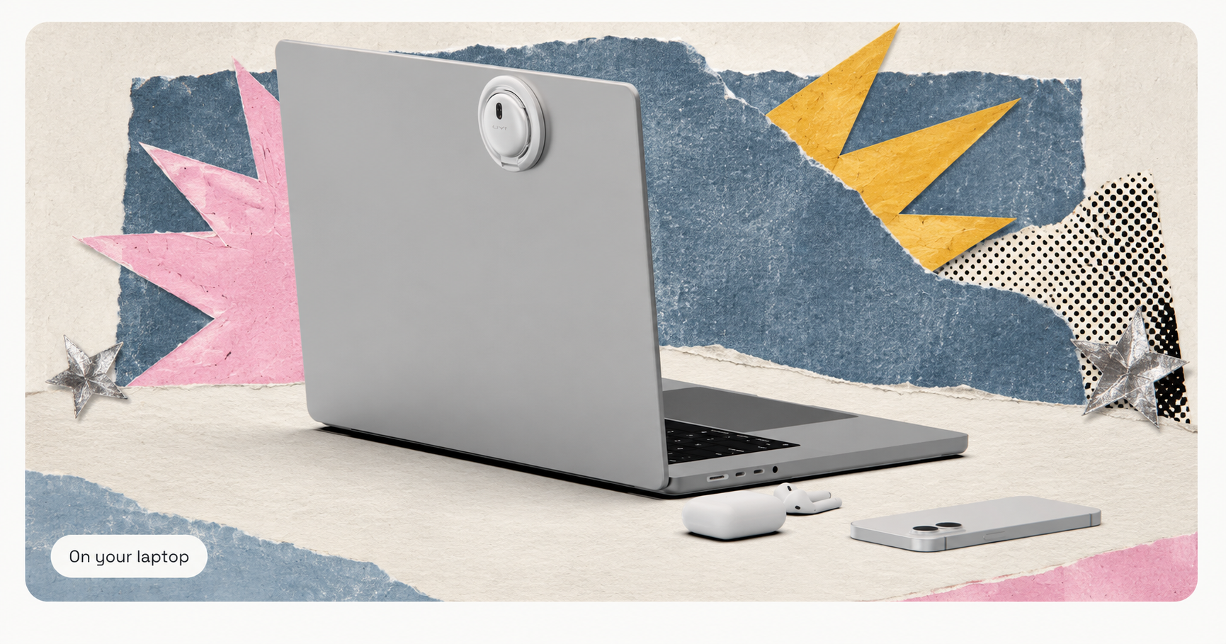 On your laptop — UYI attached to a laptop in a paper collage scene