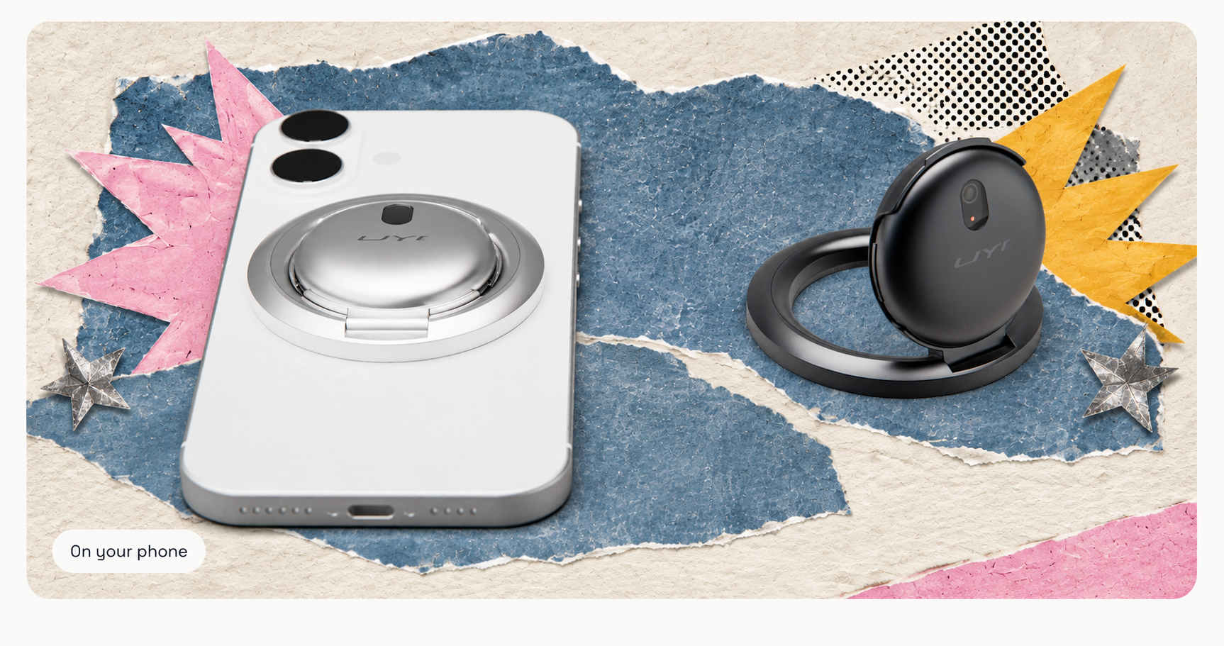 On your phone — UYI attached to a phone beside black UYI in a paper collage scene